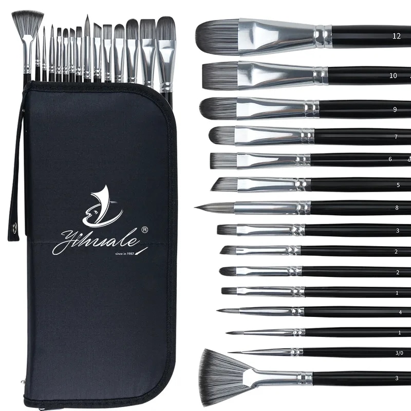 円筒形のブラシのセット,水彩絵の具用,アクリルオイル,ガッシュ,15個