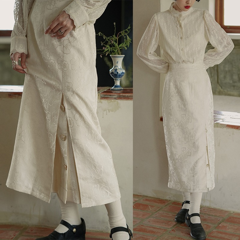 スリットスカート ロング 花柄 エンボス スカート H型スカート ハイウエスト 合わせやすい 改良チャイナドレス オフィスカジュアル