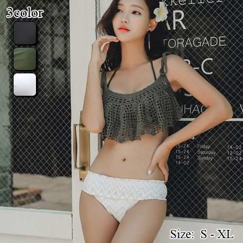 【グラシア】 水着 ビキニ レディース ビーチウェア スイムウェア 流行 海 プール キャミ かぎ針網 バンドゥブラ シャーリング シンプル フレア クロシェ バンドゥ ビキニ 華やか ブラック ホワ