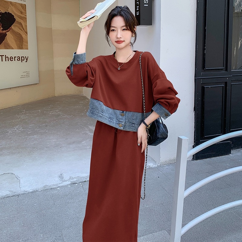 気質ラウンドネックルーズファッションカジュアルスキニーヤンキースプライシングドレスの秋の新しい韓国語バージョン