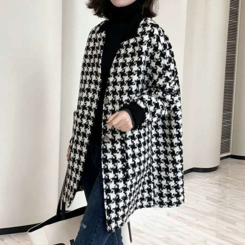 ノーカラーコート レディース 秋冬 千鳥柄 オーバー 大人 ゆったり 韓国風 通勤 着痩せ オシャレ ロング丈 ノーカラージャケット 無地 アウター