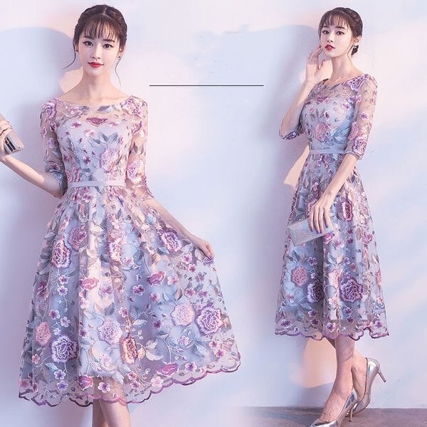 高級な質感ドレス ワンピース ロング丈 チャイナドレス チャイナ服 花柄 中国風 シースルー レース ラウンドネック お呼ばれ 食事会 二次会 披露宴 卒業式 成人式