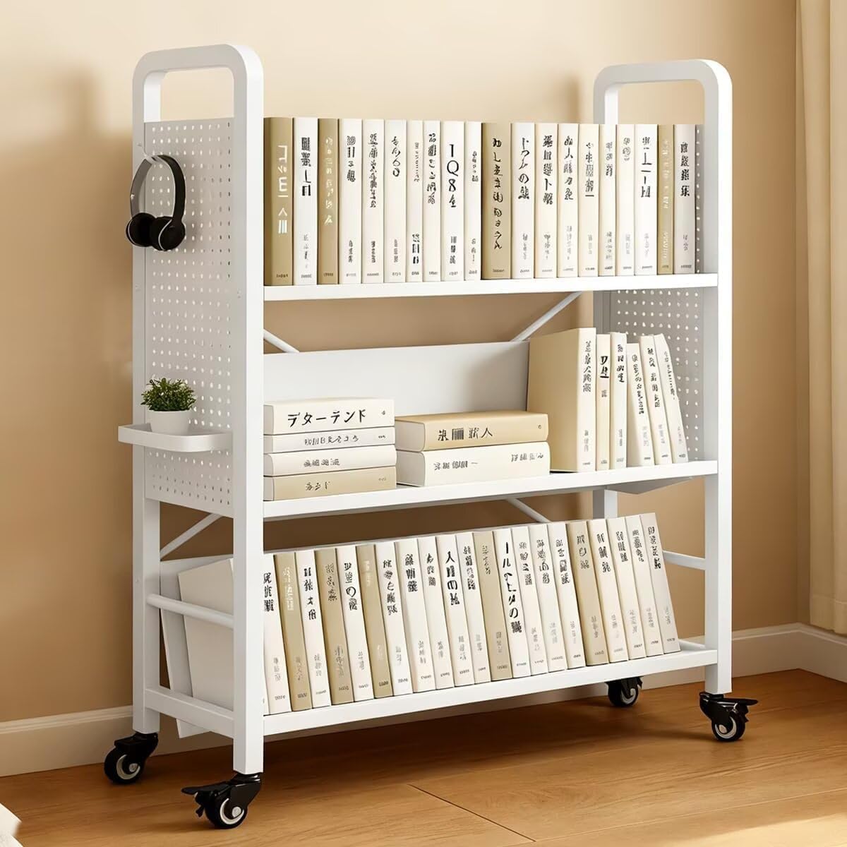 SIRUNLY 書類収納ワゴン 本棚 有孔ボード付き 3 段 奥行き 28.5× 幅 70.8× 高さ 110cm オープンラック 360 度回転可能なキャスター付属 斜め棚仕様 取り出しやすい