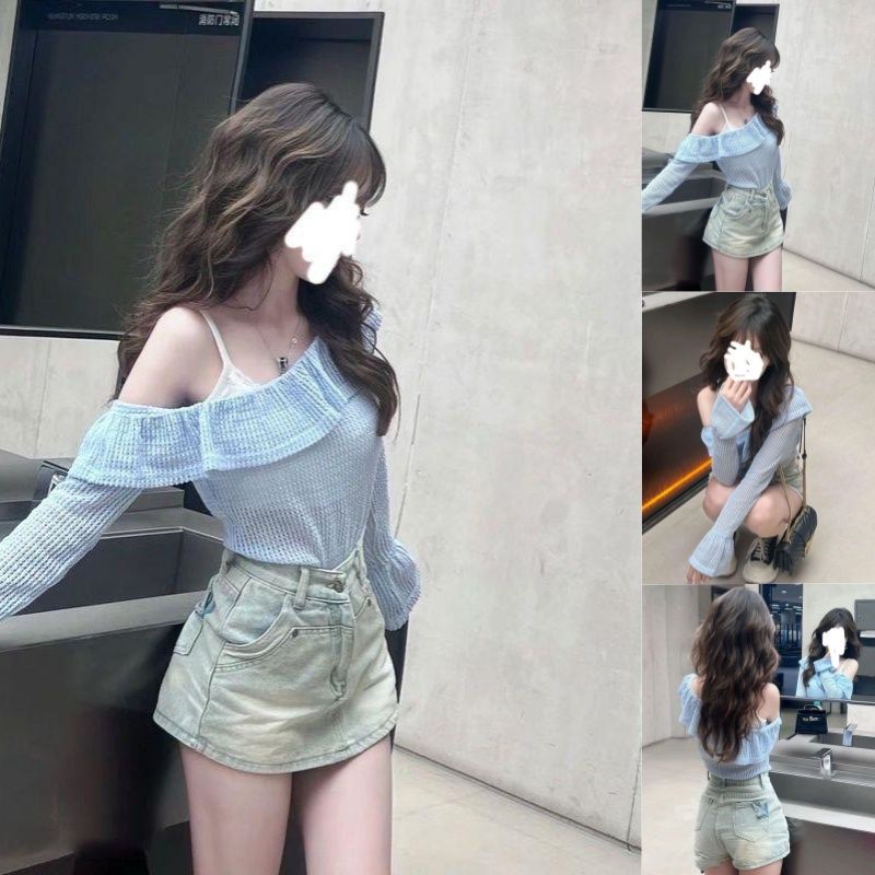 夏の着回し純欲心機一転デザイン感ミニ透かし日焼け止めブラウストップススカート2枚セット女優しい雰囲気のデート