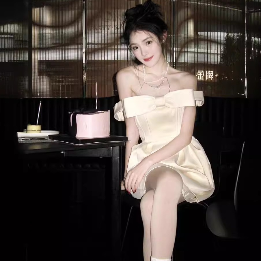 【2枚購入で 3oo円OFF】ワンショルダードレス2025気質短いホワイトカラー登録ドレスバースデードレス