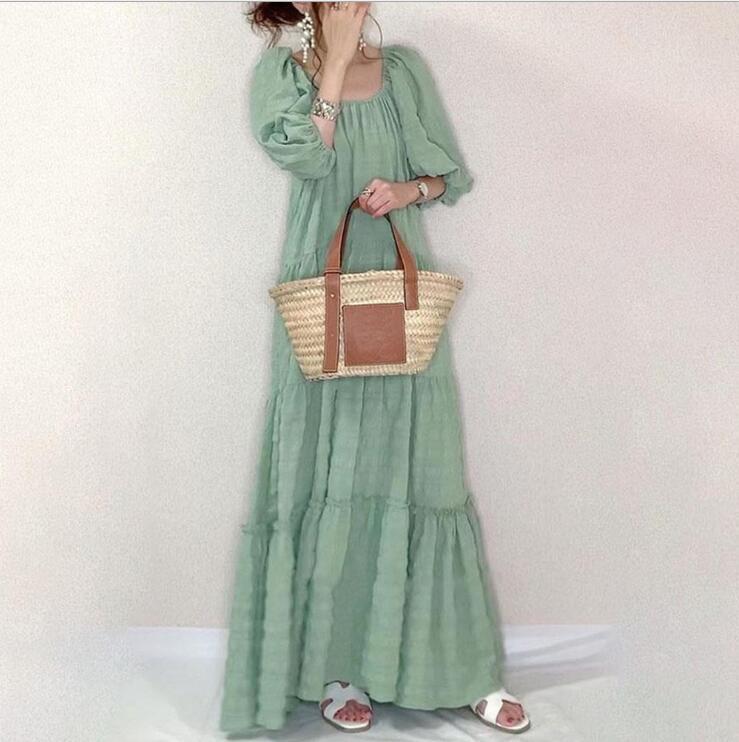 ワンピース ティアードワンピース ロング ロング丈 マキシ マキシ丈 袖あり ボリューム袖 スクエアネック ワイド Aライン 大人可愛い きれいめ シンプル カジュアル 大人 上品 おしゃれ