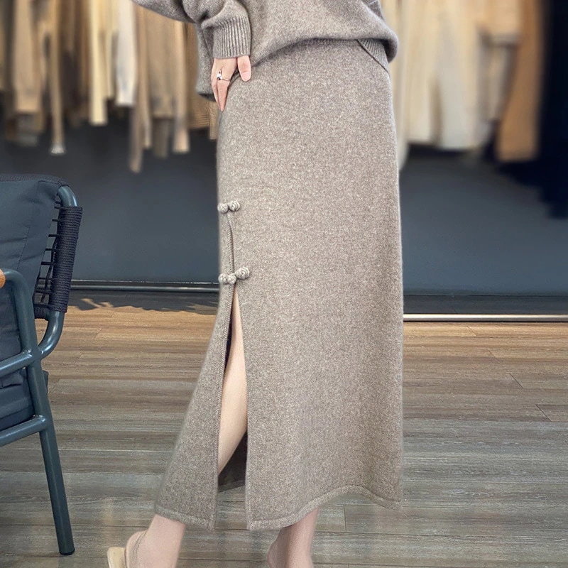 秋冬の新作 ハイウエスト じゅんしょく フォーク本 ボタンで留める ニット スカート
