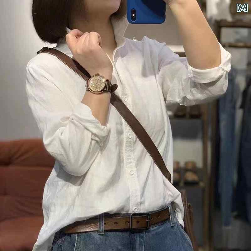 レディース　　シャツ　トップス コットンと リネンの 長袖 シャツ 女性用 夏 フレンチ レトロ 薄手 無地 BF スタイル カジュアル スリム リネンシャツ