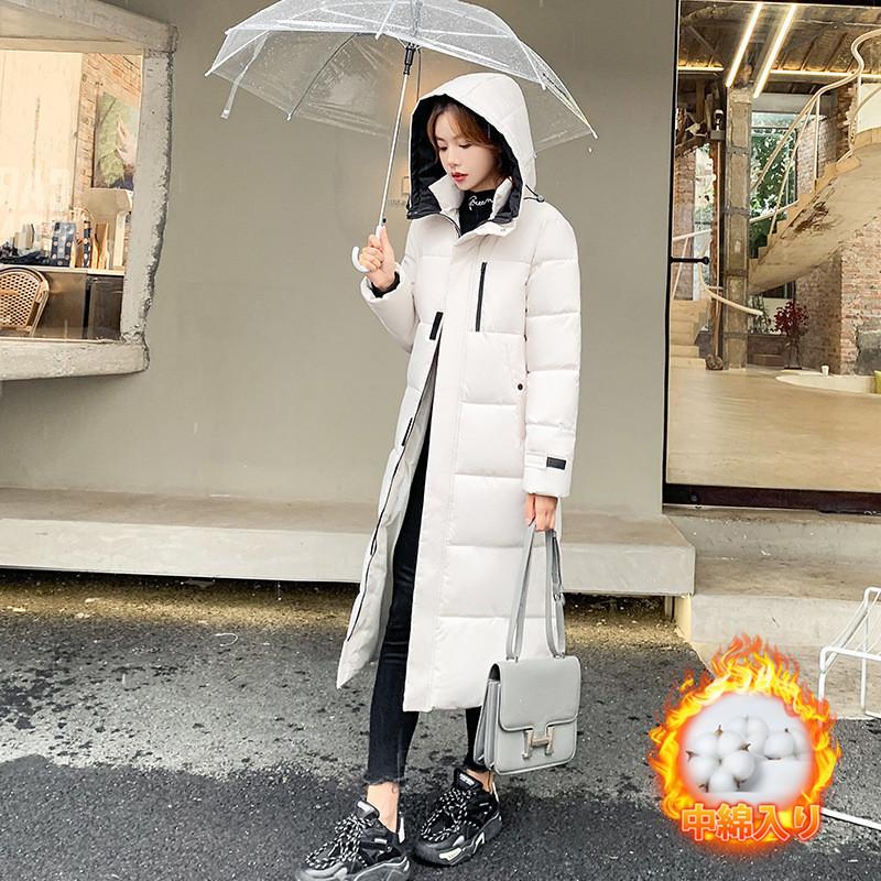 ダウンコートレディース中綿コート中綿入りロング丈フード付きジップアップ冬服着痩せ暖かい防風防寒ジャケット保温キルティングダウン