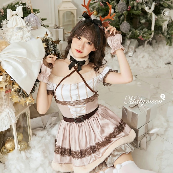 【即納】サンタ クリスマス コスプレ トナカイ 仮装 衣装 ブラウン ベージュ Xmas サンタコス オフショルダー 動物 アニマル コスチューム 女性 レディース セット 一式 マリームーン mal