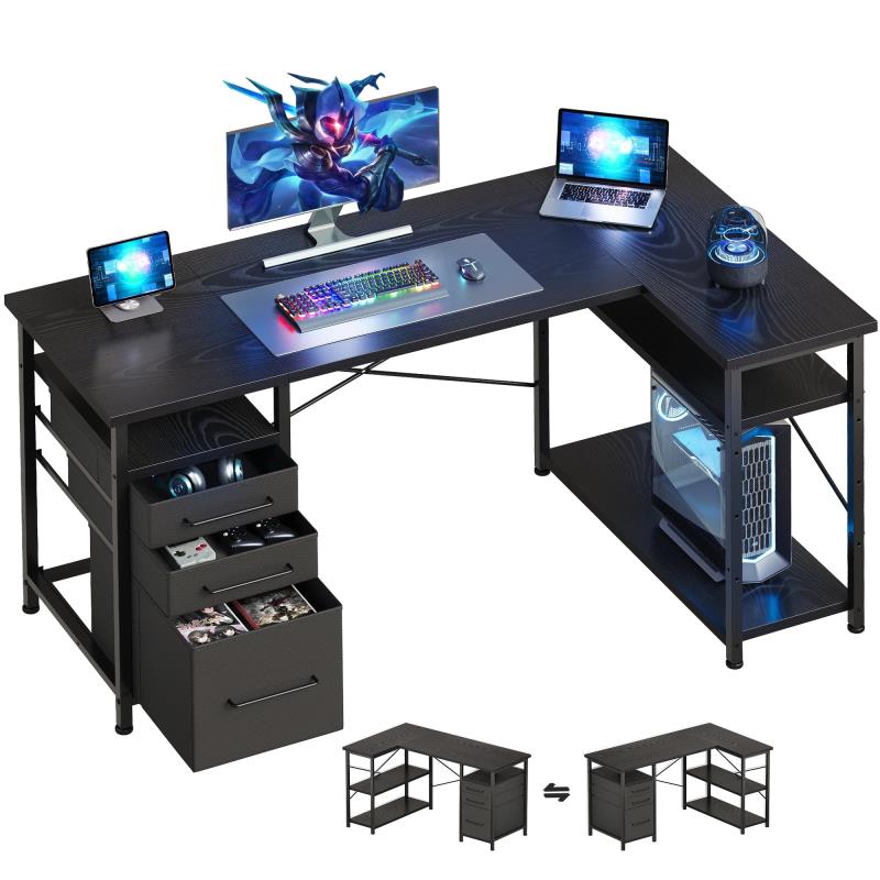 Maihail ゲーミングデスク パソコンデスク l字デスク 机 勉強机 学習机 右棚左棚 幅120cm pcデスク コーナーデスク 本棚付き 引き出し付き 幅120cm ブラック