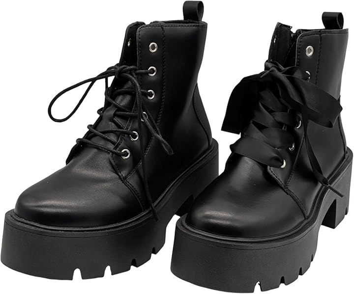 厚底ショートブーツ レディース レースアップ リボン紐付 軽量 黒 7cmヒール (ブラック, 24.0 cm)