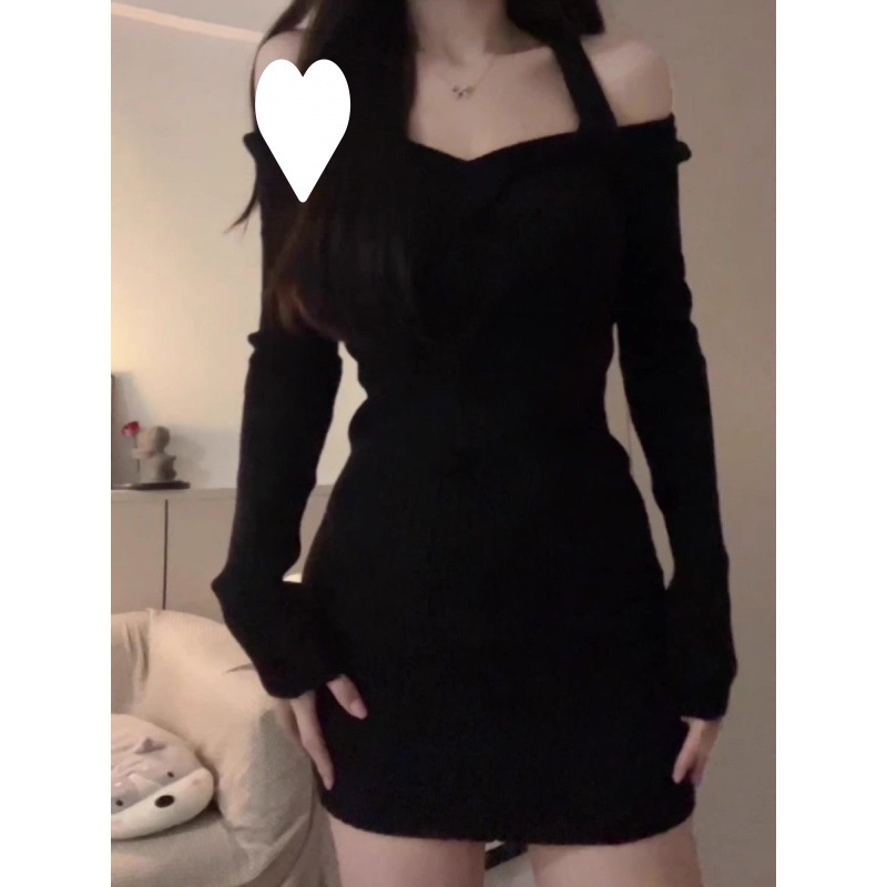 【1つ買うと10つ無料】編み物のベースドレス女性のスリミング薄い純粋な欲望黒2025長袖バッグヒップスカート