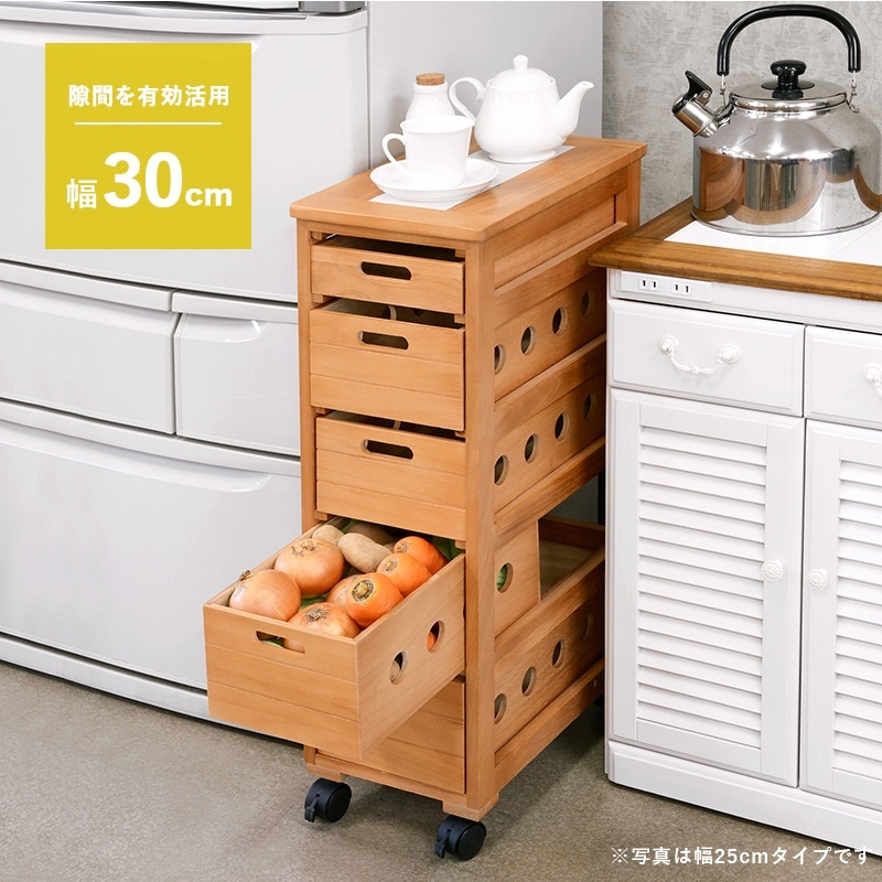 天然木 キッチンストッカー 耐熱タイル天板 幅30cm すきま収納 キャスター起動 完成品