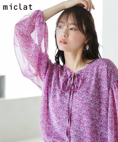 シャツブラウス 大きいサイズ　袖シアーリボンブラウス　miclat