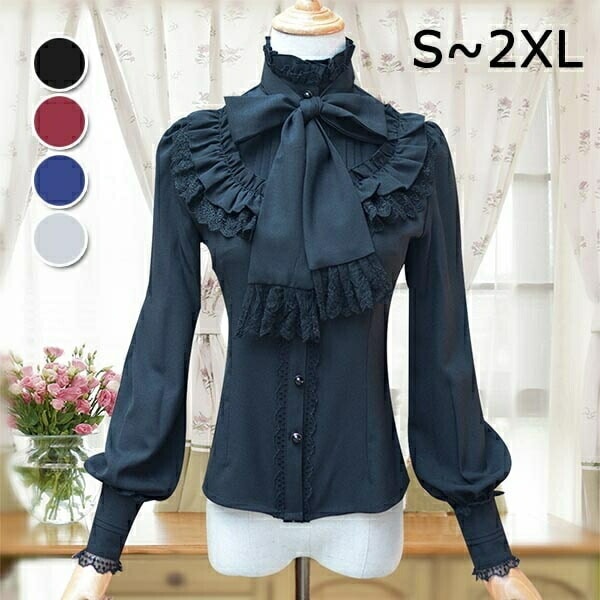 【激安開催！】ロリータ ブラウス ゴスロリ シャツ ゴシック 貴族風 オフホワイト ブラック ワインレッド ネイビー かわいい 学園祭 文化祭 パーティー 演奏会 演劇 貴族服 S/M/L/XL/2X