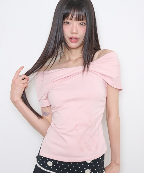 【ILLIGO】 SAESO DEER BOW OFF SHOULDER T-SHIRT PINK 正規品