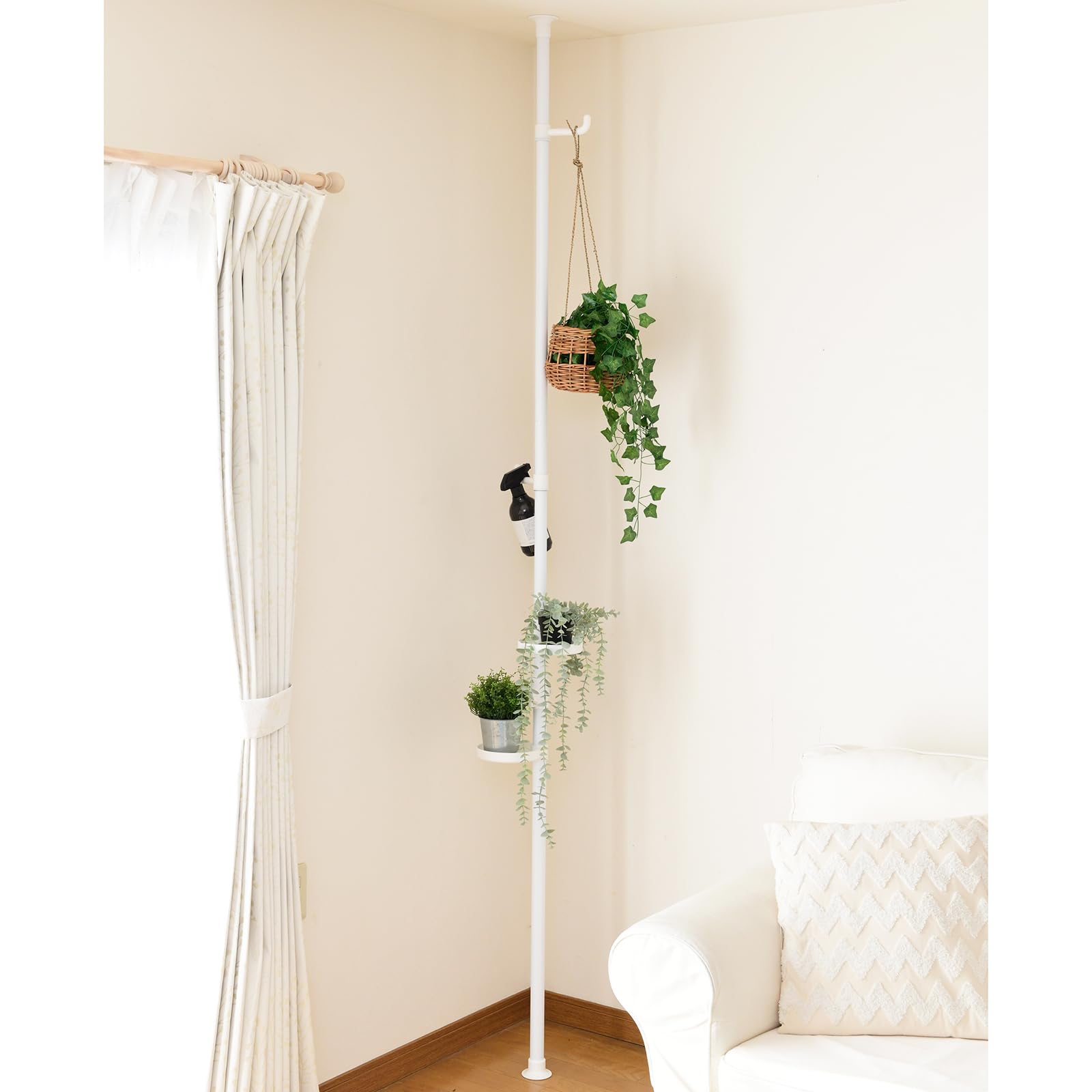 [山善] 突っ張り ラック ポールハンガー プランタースタンド ワンタッチ突っ張り (実用新案取得済) 幅30×奥行30×高さ190-260cm フラワースタンド 室内 トレー2個・フック2個付き 組