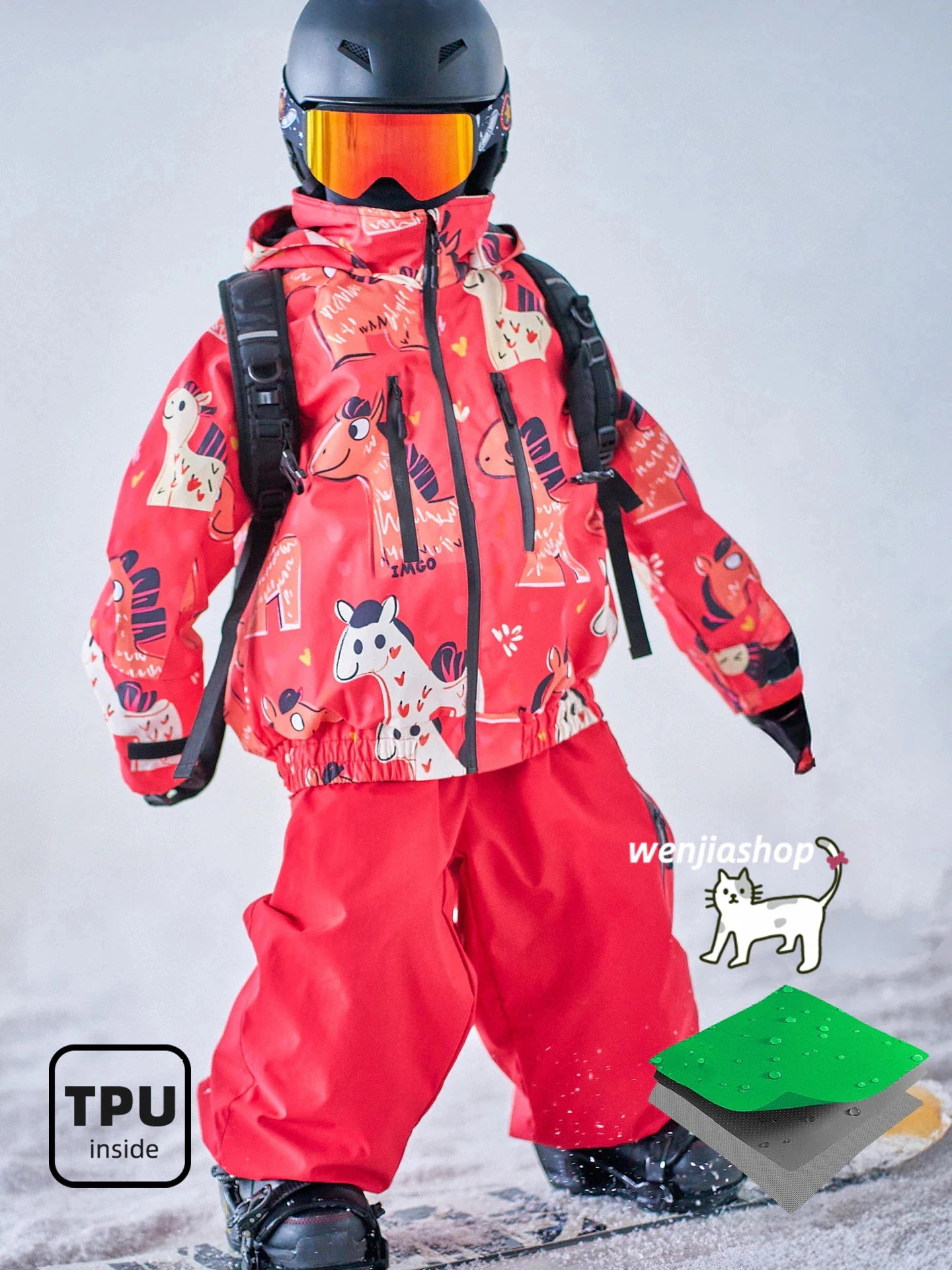 出荷が迅速である本日スノーボードウェア 2026 2026 上下セットキッズ 子供 男の子 女の子 ジャケット パンツ ズボン 赤 馬柄 動物柄 撥水 3L スノボウェア スノーウェア スキーウェア1
