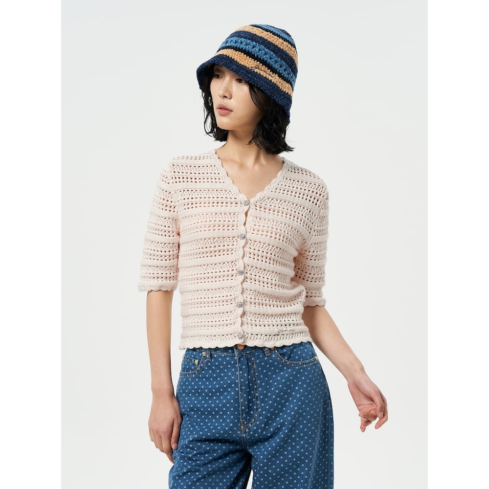 GANNI コットンポインテルショートスリーブカーディガン-アイボリー FW24/QN455AR020