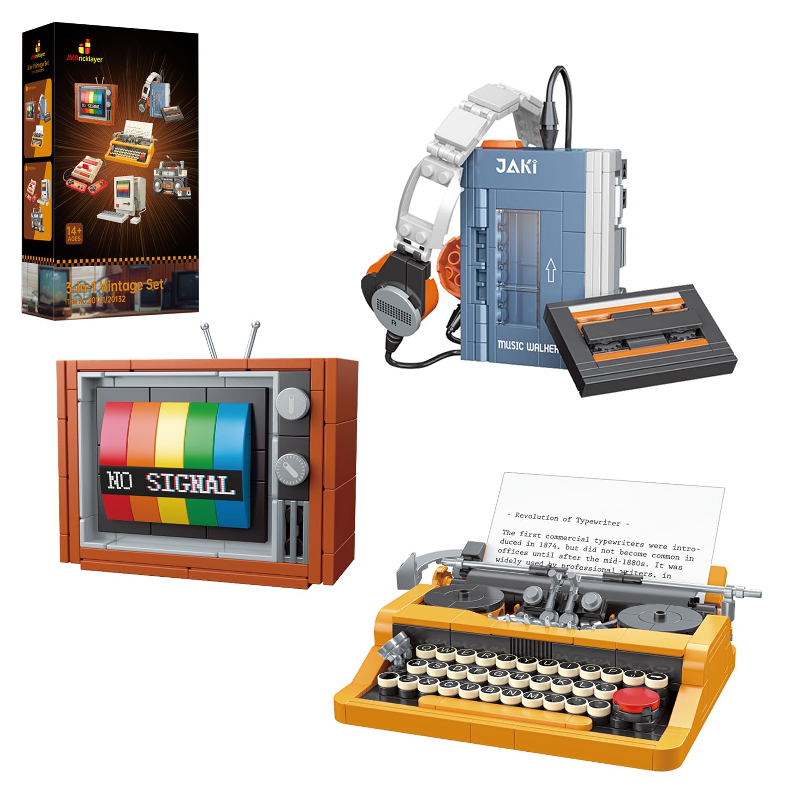 JMBricklayer ヴィンテージ タイプライター ウォークマン テレビ 組み立ておもちゃ 玩具 セット 20131大人用ヴィンテージ 組み立てブロックセット3 で 1 ヴィンテージ ディスプ