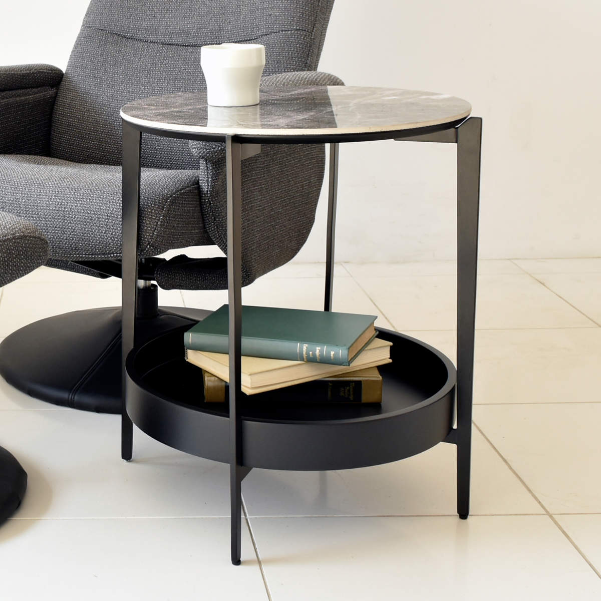サイドテーブル 丸 収納 大理石調 高級感 スタイリッシュ 高さ55cm ラウンド ミニテーブル ベッド ソファ サイド テーブル 大きめ 石目調 ストーン調 ブラック 黒 リビング 寝室