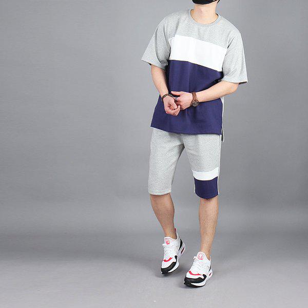 BH メンズ ビッグサイズ 2段配色半袖Tシャツ ハーフパンツ SET