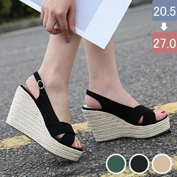 ウェッジソール サンダル 厚底 ウエッジソール 厚底サンダル レディース かかと あり ヒールサンダル バックストラップ エスパドリーユ ジュート ヒール10cm シューズ 黒 ベージュ 小さいサイズ
