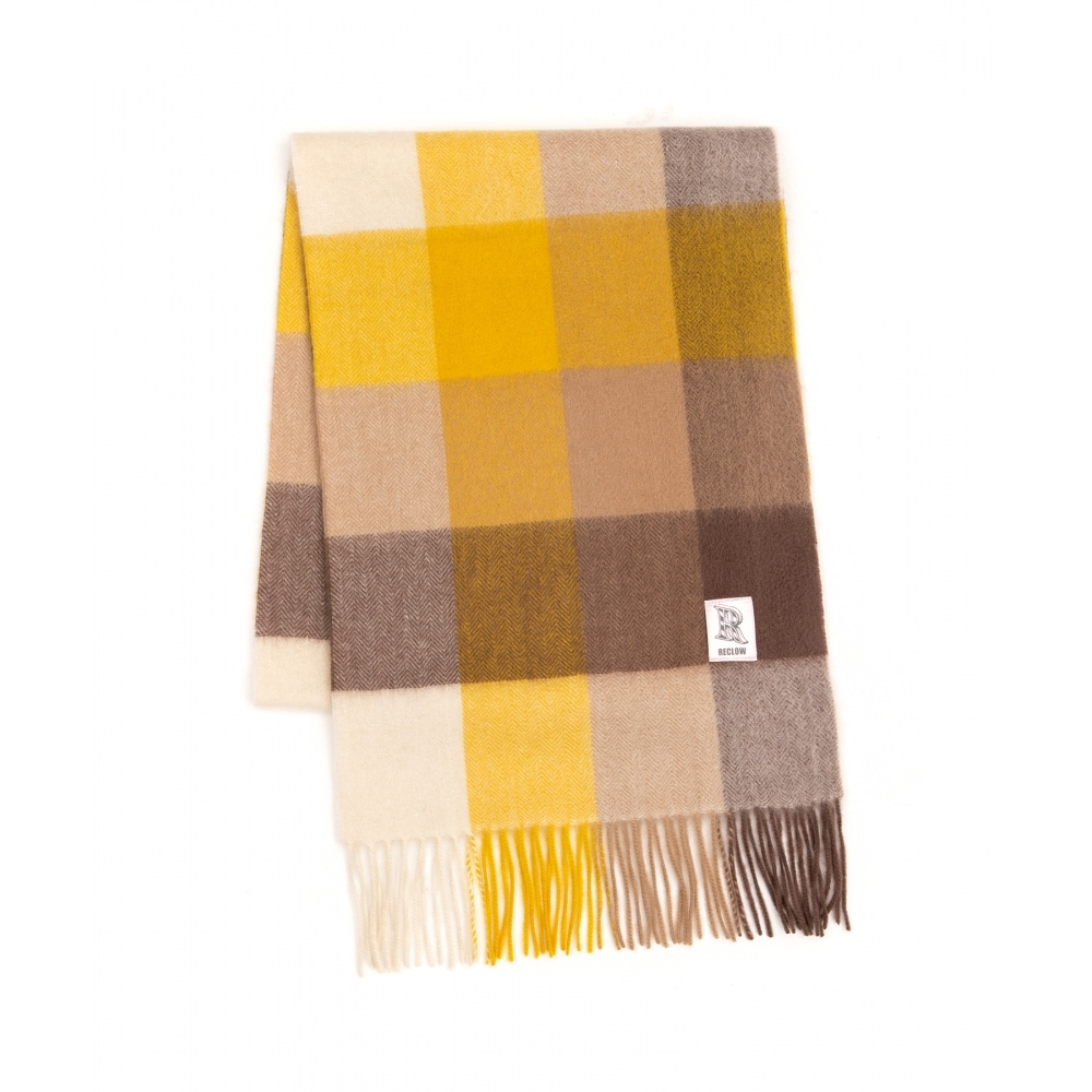 リクロウ RC ランド 100% カシミヤチェックマフラーイエローブラウン