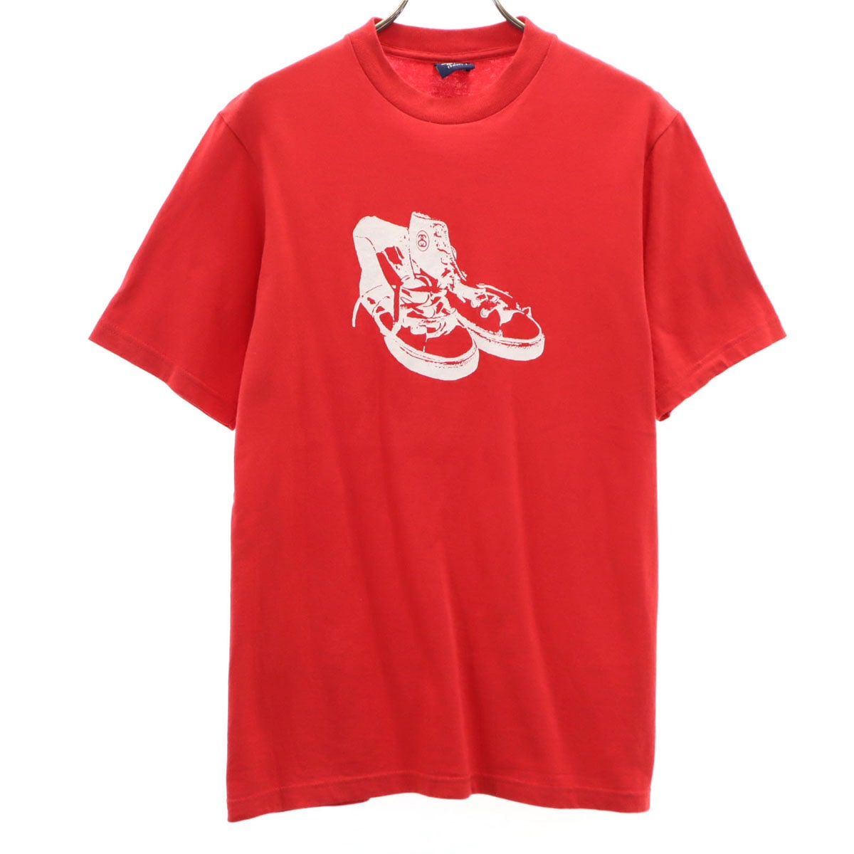 90s 00s オールド 紺タグ スニーカー プリント 半袖 Tシャツ S レッド メンズ 古着