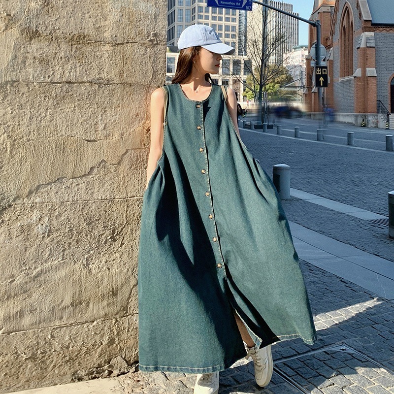 実際の2024新しい太った妹レトロデニムバックドレスは図を選択しない