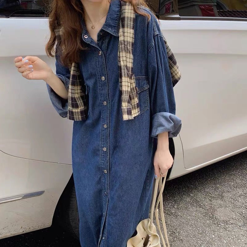レディース ワンピース シャツワンピ ロング 長袖 ポロカラー 細身 Aライン 前開き ボタン デニム コットン かわいい 大人可愛い きれいめ シンプル カジュアル 上品 おしゃれ レトロ ラフ