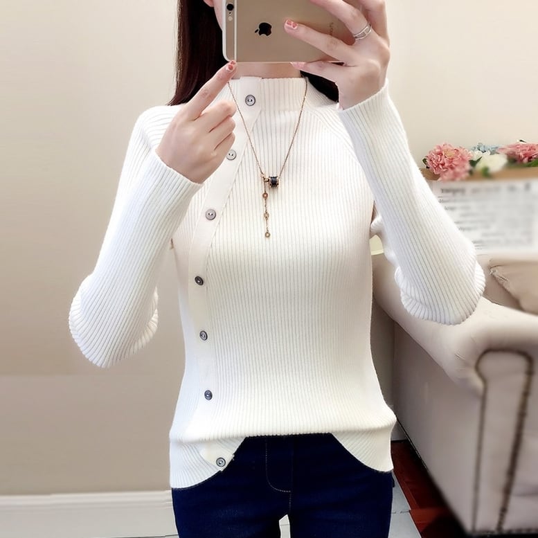 6color リブニット ハイネックサイドボタンリブニットプルオーバー