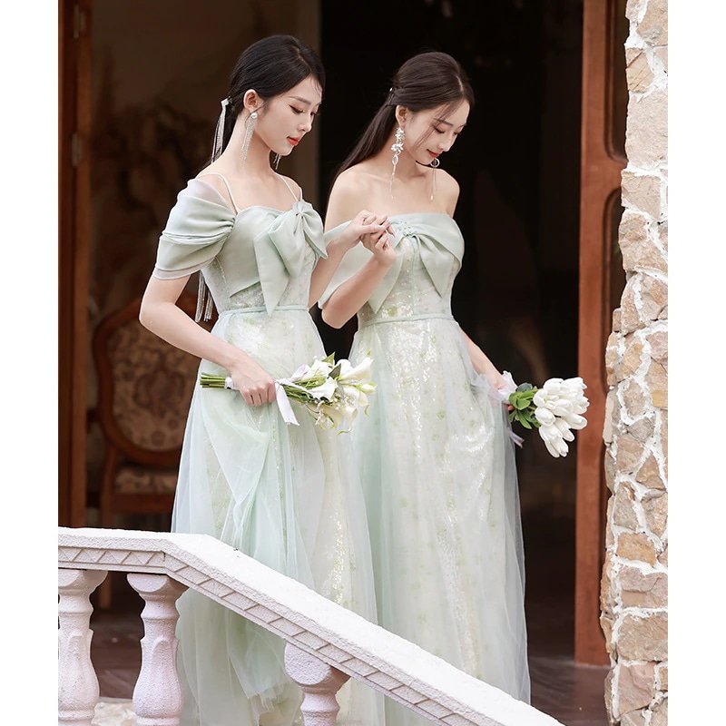 フォレストスタイルの花嫁介添人ドレス2024新しいハイエンドニッチグリーン結婚式姉妹グループイブニングドレススカート妖精気質リトルマン