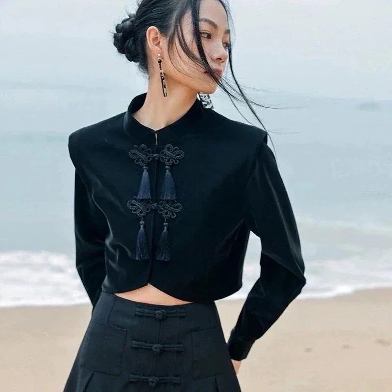 チャイナ服 チャイナ風トップス レディース コート ショート丈 普段着 PU 黒 高見え パンク系