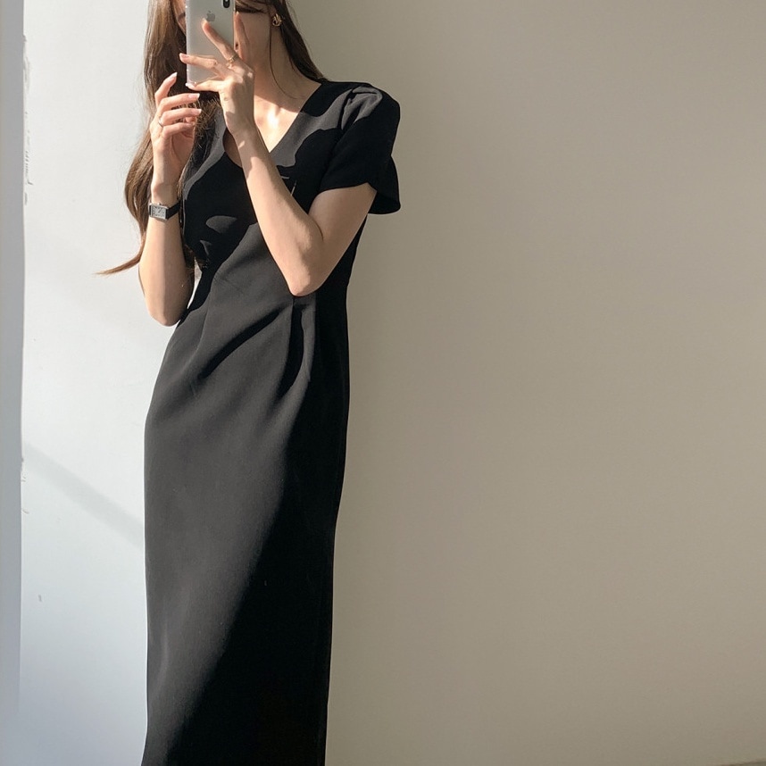 ワンピース ワンピドレス マキシ丈 袖あり 半袖 チューリップ袖 Vネック 襟なし タイト 4,978円