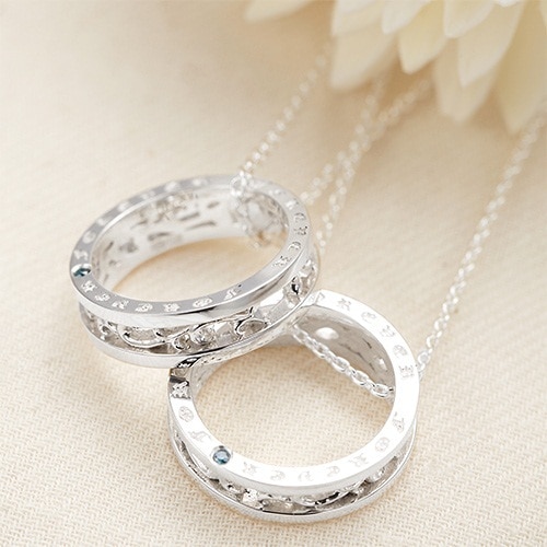 シルバー925製メッセージリングのネックレス/ペンダント唐草模様の透かし彫りリング FOREVER/永遠に1粒天然ブルーダイヤモンドダイアモンドの宝石鑑別書アズキチェーン01-40cm02-50cmペ