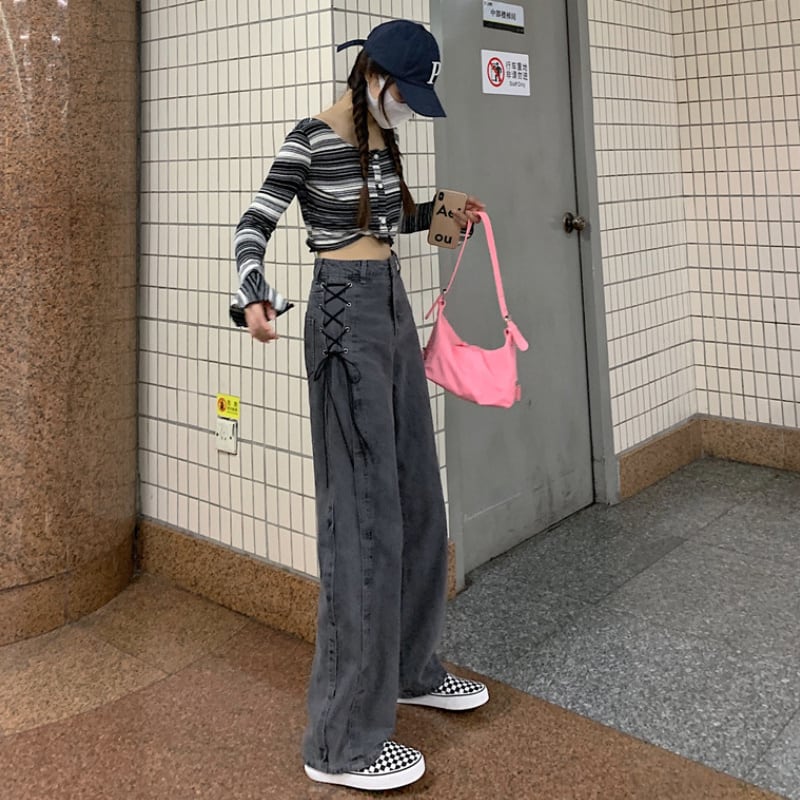 レディース ボトムス パンツ ジーンズ デニム レースアップ スタイルアップ 体系カバー ゆったり