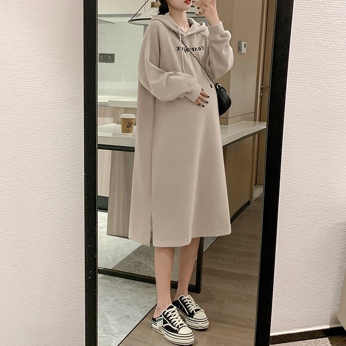 マタニティウェア ママコーデ スウェットシャツ ファッショナブル ロング丈 新作 春秋冬 Vネック ゆったり フード付き スウェットシャツ 裾スリット ルーズ ラージサイズ ロングワンピース