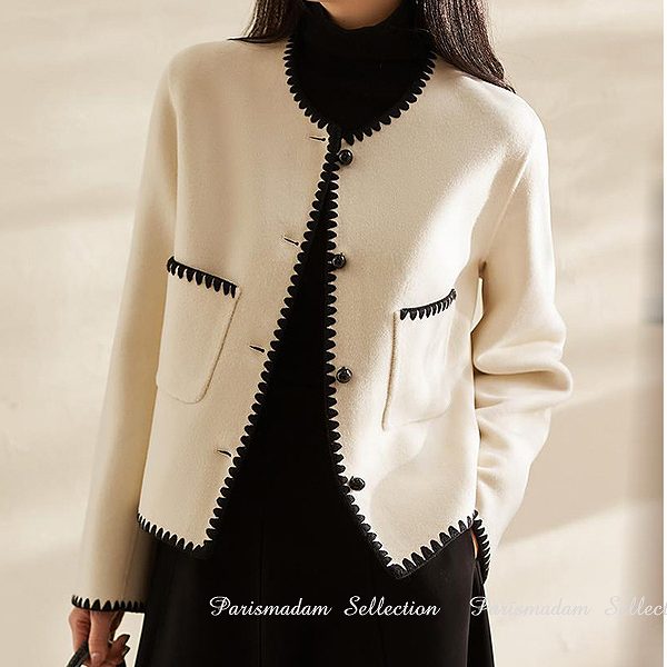 新品登場 ノーカラージャケット　ホワイトジャケット　ショートジャケット　セレブ　長袖　パイピング　ほっそり効果大通勤女子会20代30代40代50代60代jk-2408-1