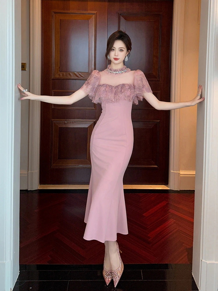 ロングスカート上品 25 フリル ルドッ マーメイド ピンク ドレス パーティー キャバ 大人 同窓会 披露宴 卒業式 結婚式 演奏会 ウェディング 二次会 メガ割 5,510円