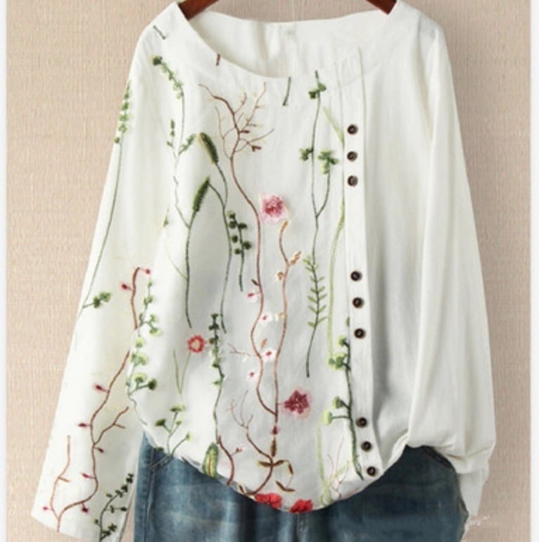 トップス デート かわいい 大人可愛い きれいめ シンプル カジュアル 大人 上品 おしゃれ お洒落 ホワイト 花柄　ラウンドネック 長袖 ボタニカル 刺繡 ホワイト 3XL 4XL 5XL 春夏