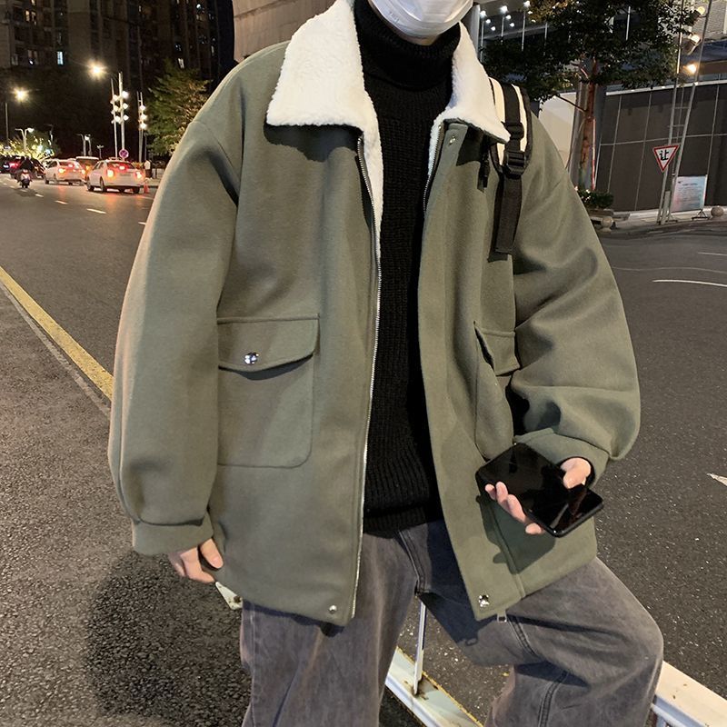 男性用ミリタリーグリーンラムベルベットコットンコート多用途で厚く暖かいウールのハンサムジャケット男性用