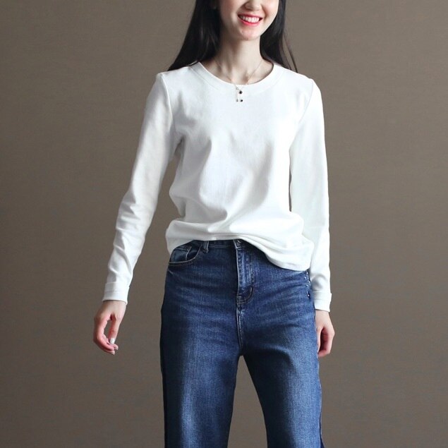 トップス レディース 無地 長袖 ラウンドネック シンプル カジュアル インナー レイヤード 着回し 普段使い 休日 お出かけ 通勤 通学 ブラック ホワイト ロングシーズン XL 韓国 お揃いコーデ