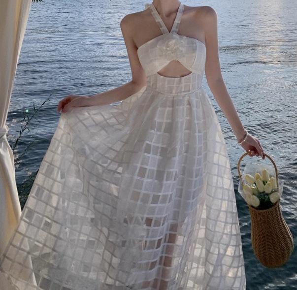 レディース スカート ワンピース ドレス ロング ノースリーブ ホルターネック フレア フェミニン 透け感 シースルー オーガンジー 切り替えデザイン かわいい 大人可愛い きれいめ シンプル