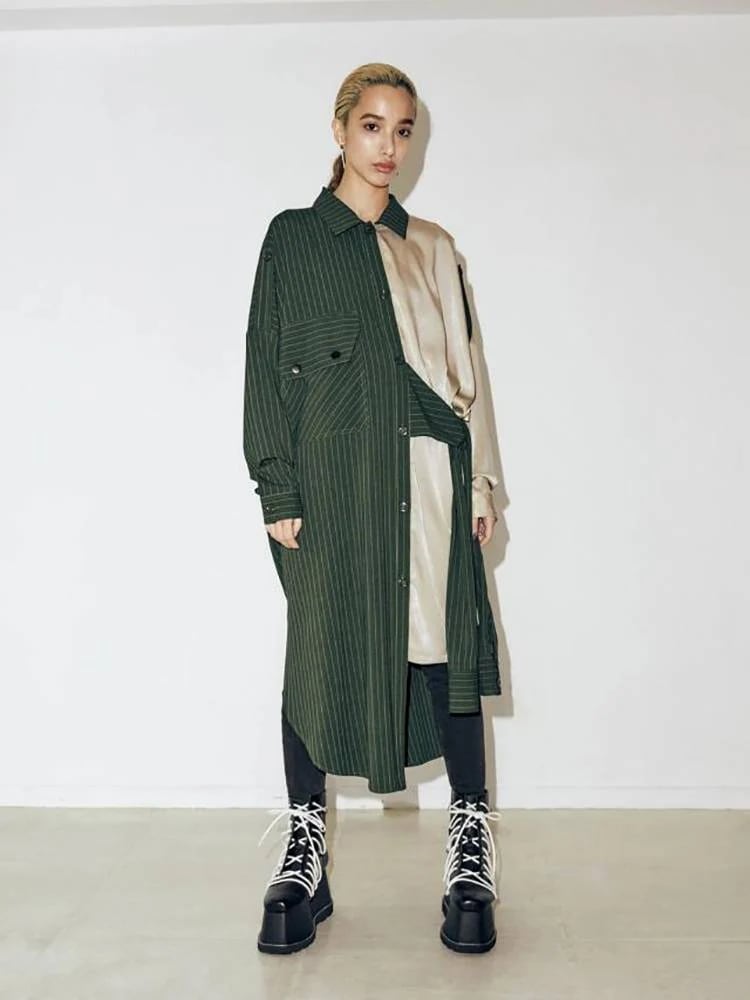 ワンピース ロング シャツ アシメ シャツワンピ ストライプ アシンメトリー 不規則 異素材MIX 個性的 襟付き ポロ襟 長袖 袖あり フロントボタン おしゃれ お洒落 カジュアル ゆったり ル