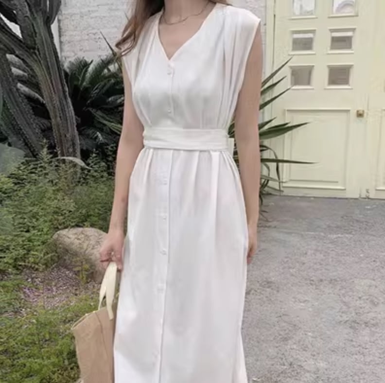 ワンピース ロング丈 ノースリーブ Vネック かわいい 大人可愛い きれいめ シンプル カジュアル 大人 上品 おしゃれ お洒落 大人女子 こなれ感 個性的 主役級 存在感 美容師