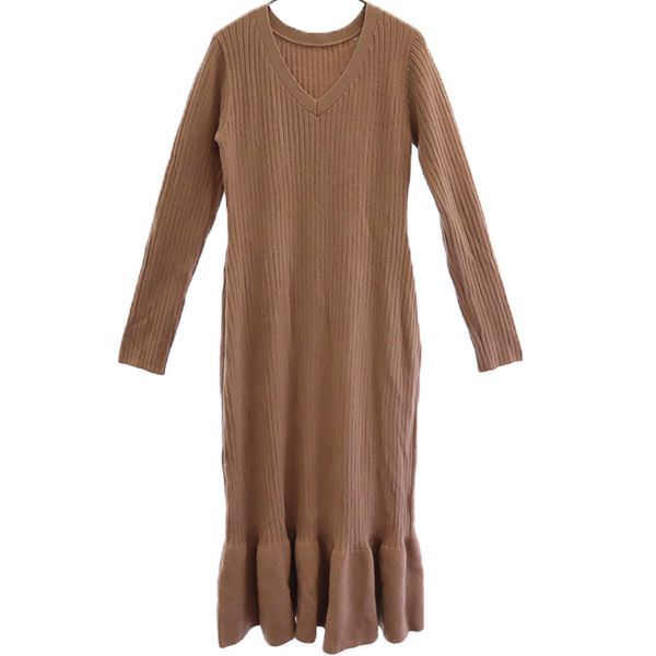 長袖 Vネック リブニット ロングワンピース F ピンク レディース