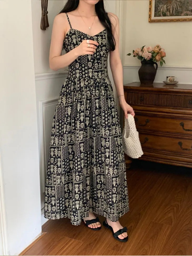 【急速出荷!】キャミワンピース レディース ロングワンピース 春 夏 ドレス キャミソールワンピース レトロ 花柄 Vネック きれいめ 可愛い 韓国ファッション