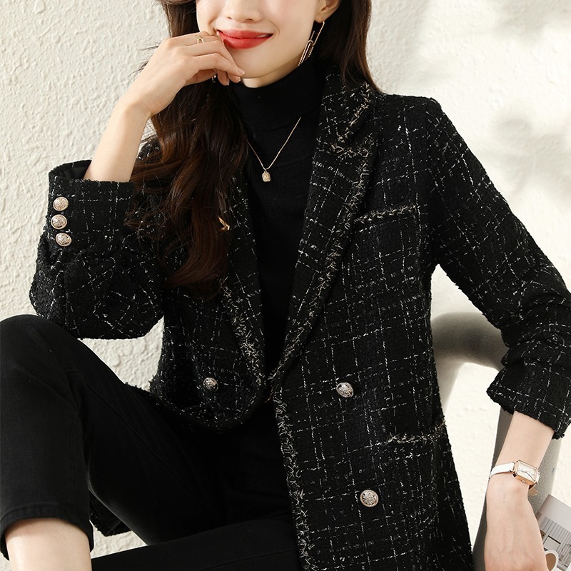 2024秋冬ゆったりチェック柄ウールジャケットレディースツイードウインドブレーカーファッションスーツカラートップ